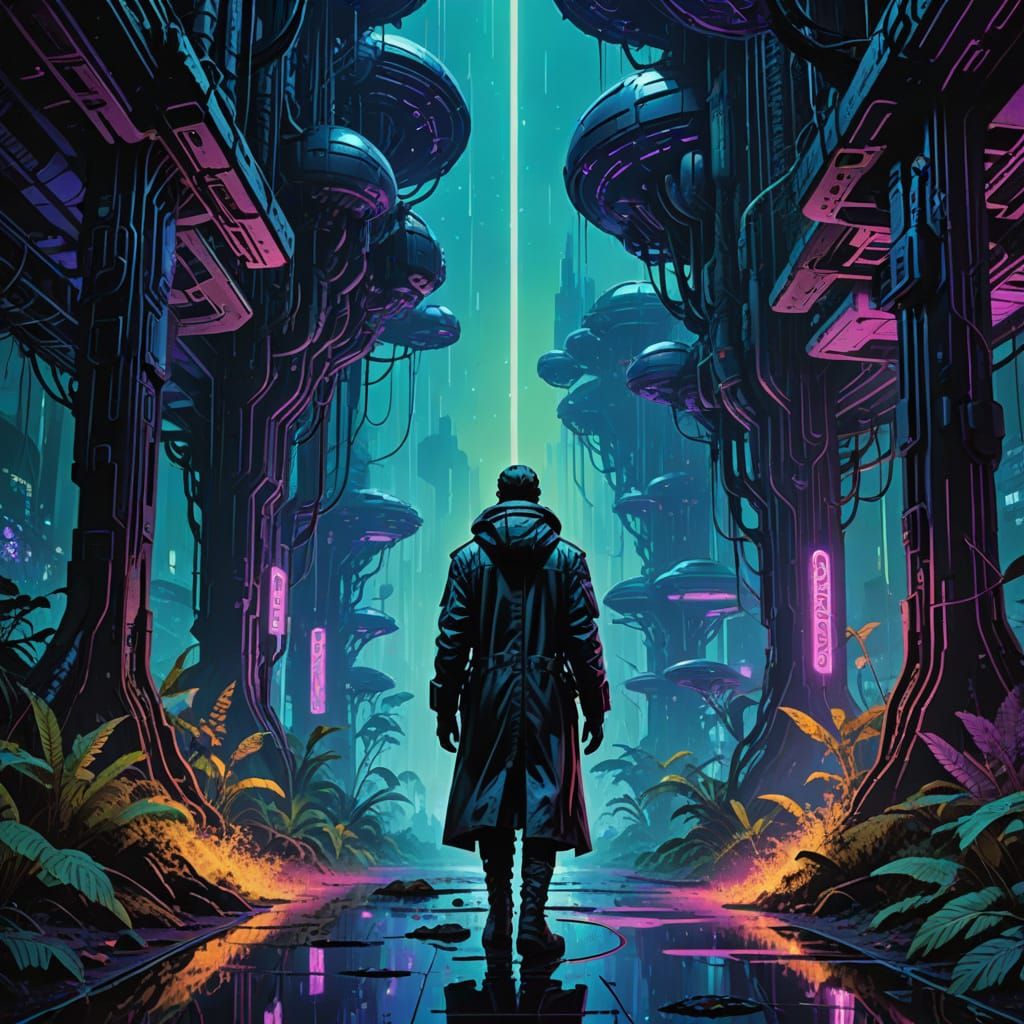Cyberpunk Figure Surrounded by Glowing Fireflies in a Dark F...