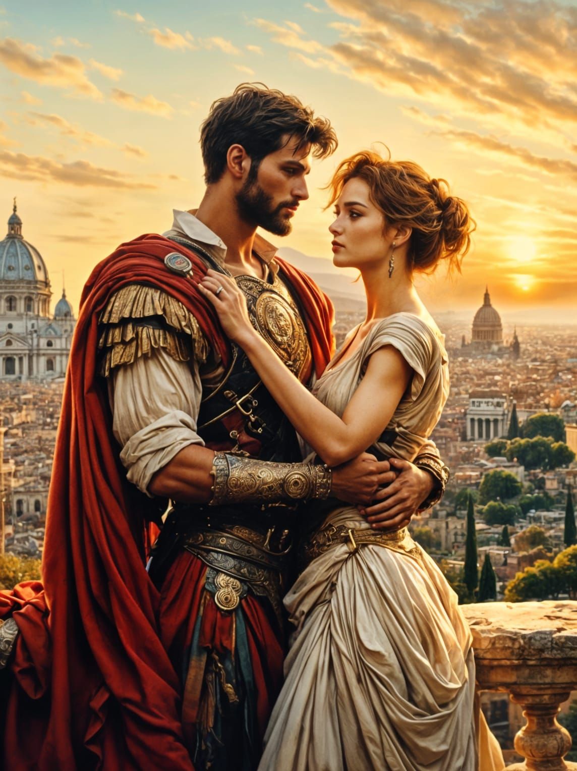 Romantic Roman Couple Embrace at Sunset as Oil Painting