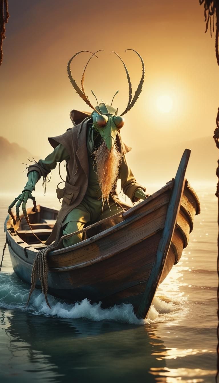 Praying Mantis Fisherman on a Boat at Sea