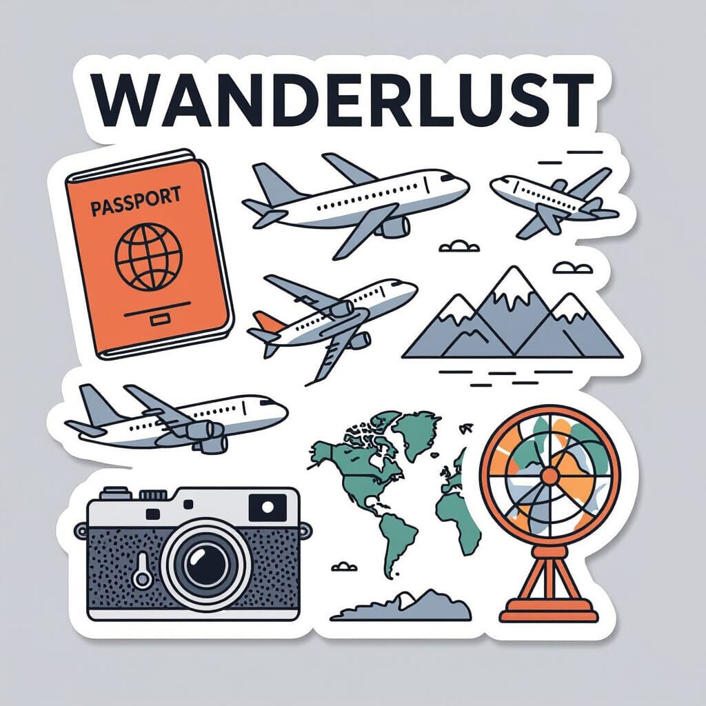 Wanderlust Sticker Sheet: Travel Icons in Minimalist Line Ar...