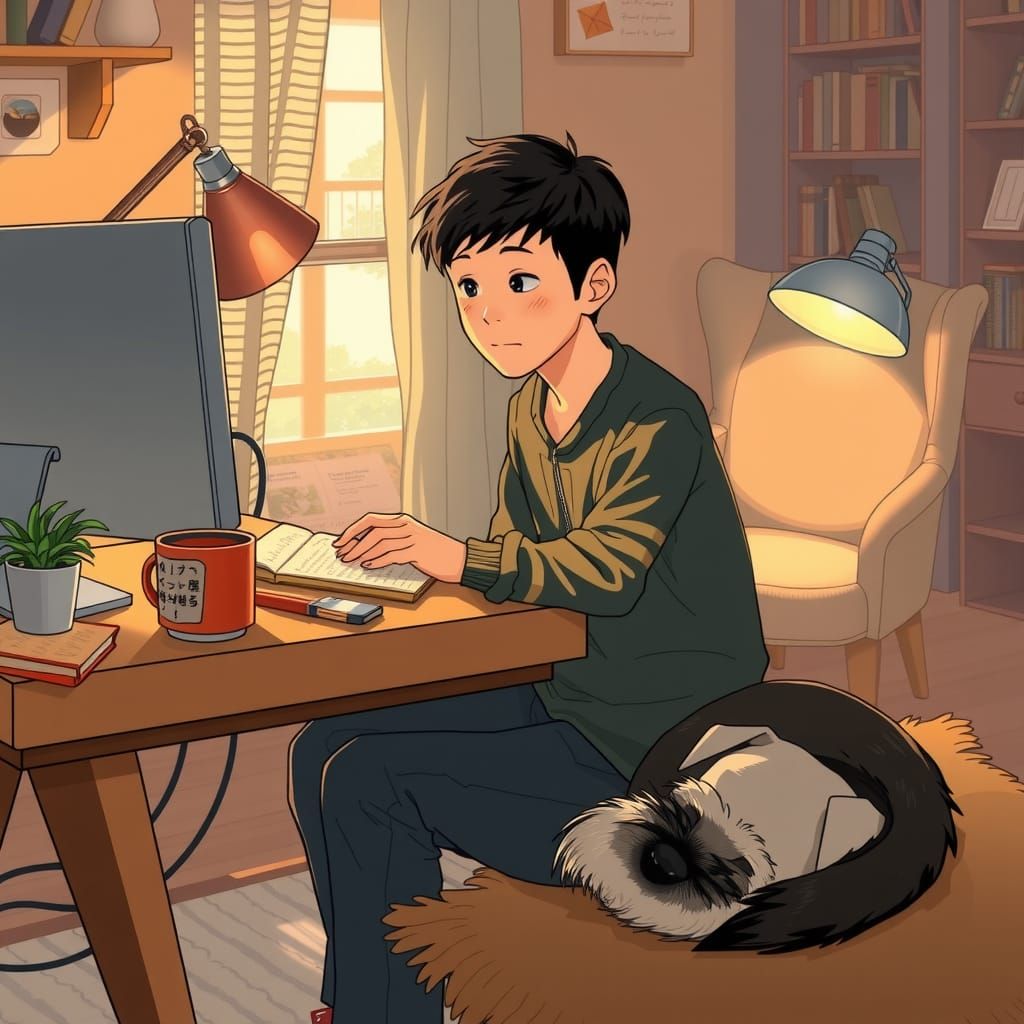 Cozy Workspace: Boy, Dog, and Warm Earthy Tones
