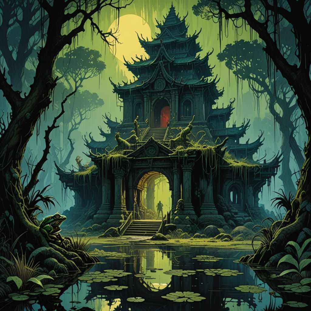 Frog Cult's Evil Swamp Temple in Oil Painting Style