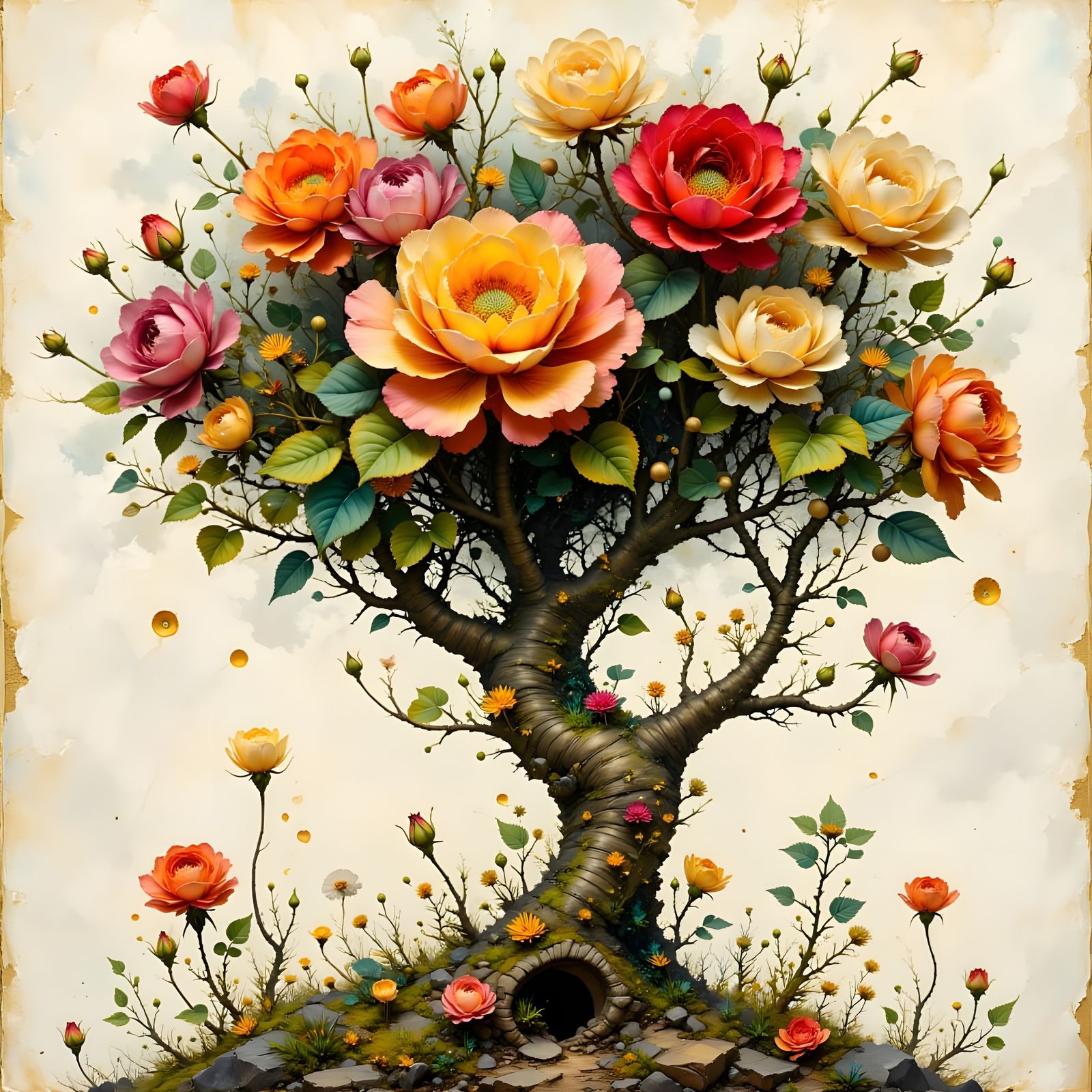 Surreal Rose Tree with Expressive Flowers