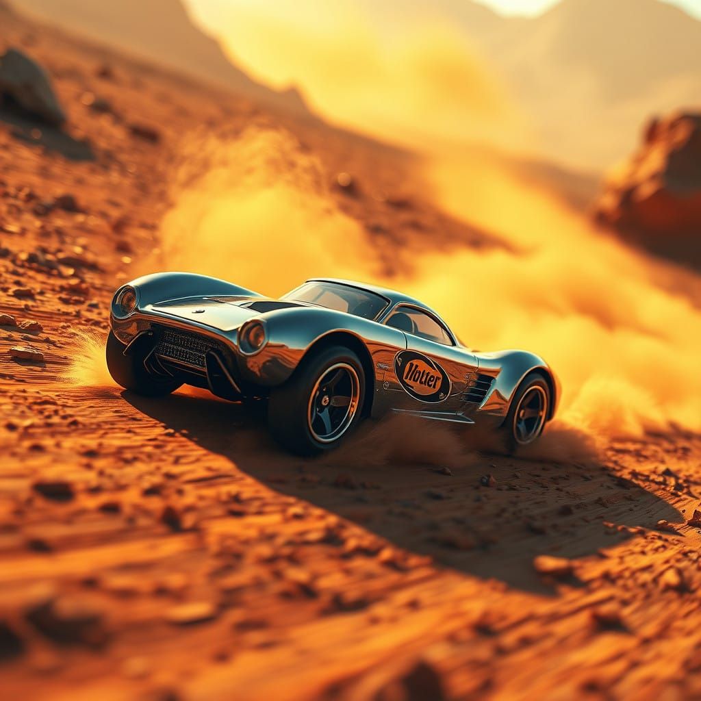 Sleek Hot Wheels Car Speeds Down Sun-Baked Dirt Track in HDR