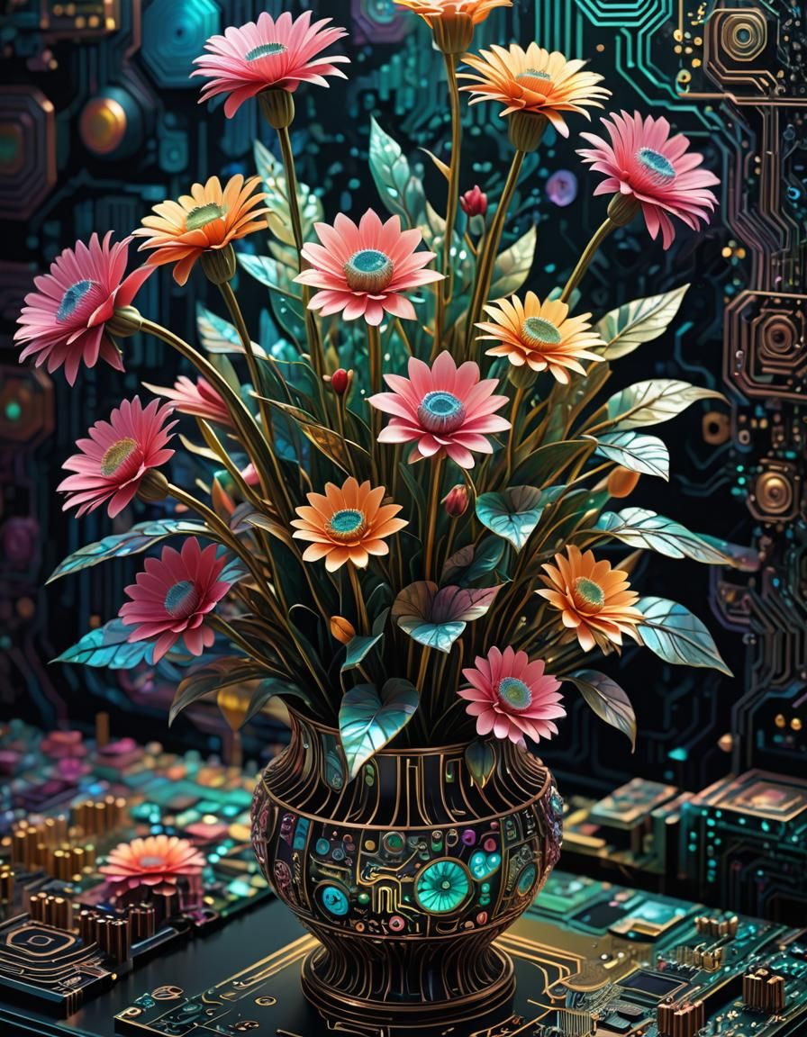 Holographic Flowers in Circuit Board Vase