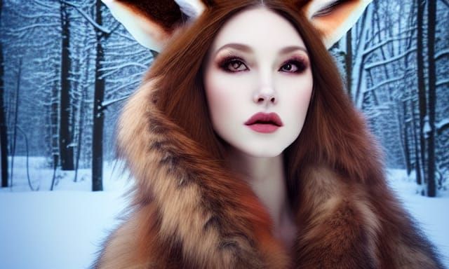 Seductive Fox-Eared Druid in Winter Forest
