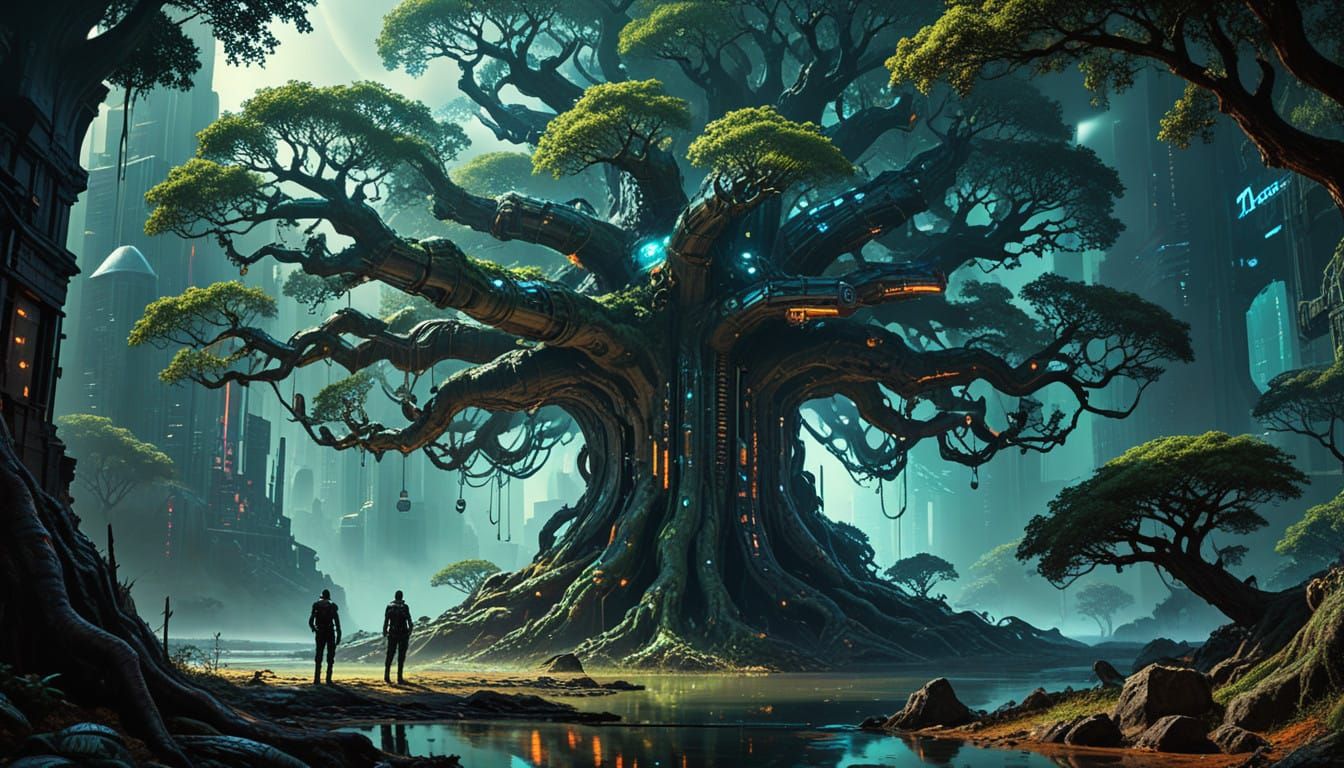 Cyberpunk Oak Tree Dominates Futuristic Metropolis