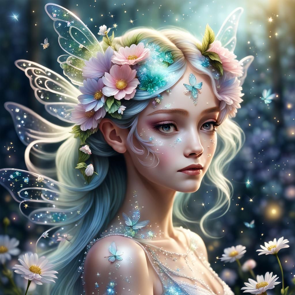 fairy with translucent wings and glitter and flowers on her ...