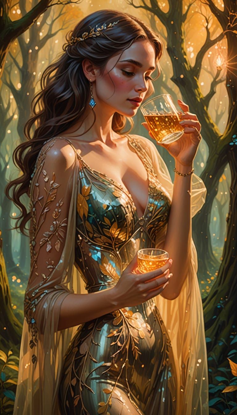 Enchanted Grove: Woman in Sheer Gown, Oil Painting