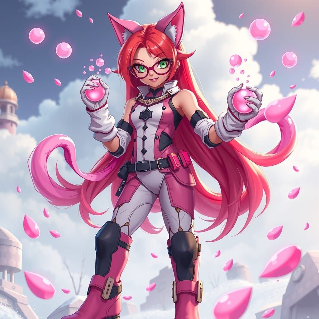 Vibrant Fantasy Heroine in Bubblegum-Themed Superhero Suit