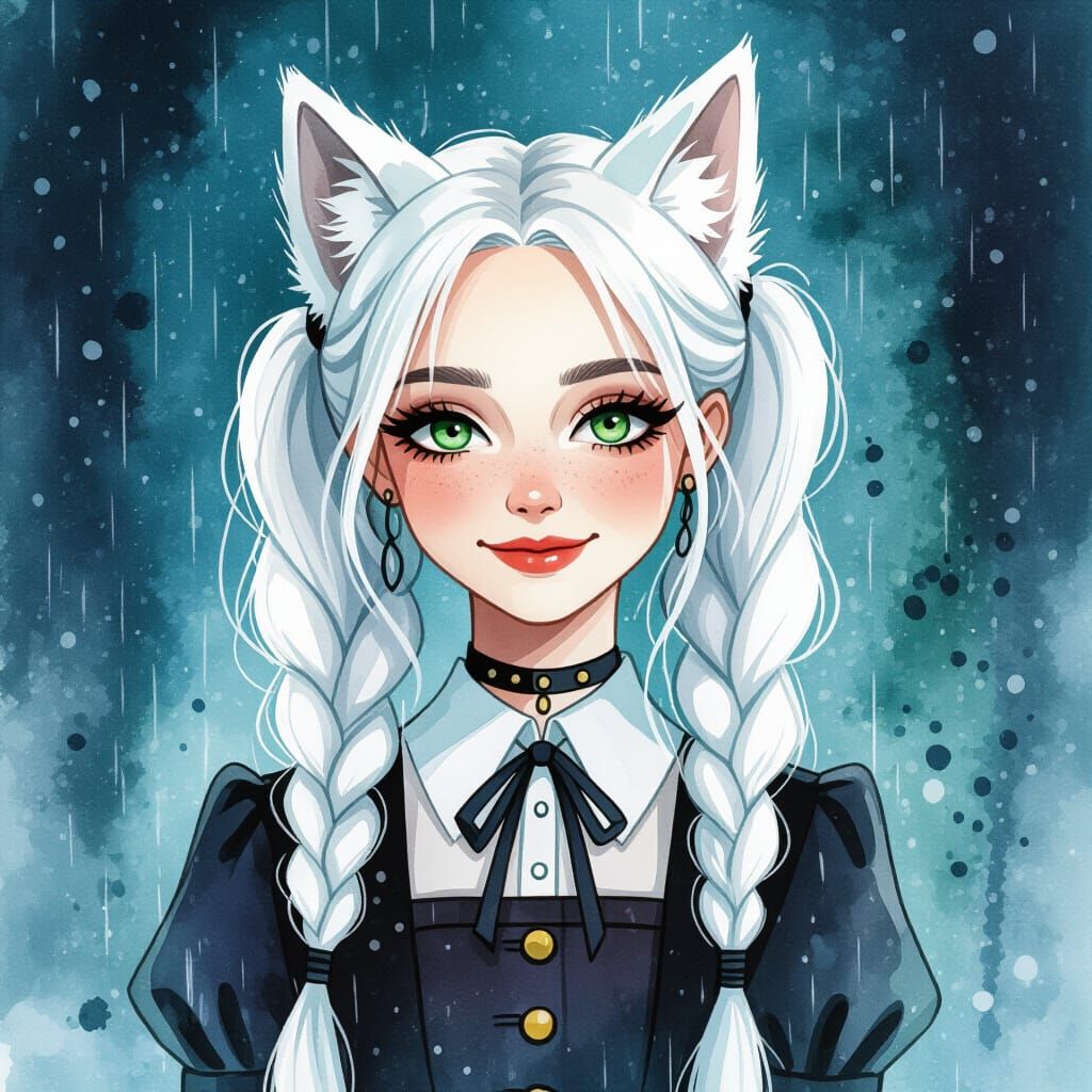 Wednesday Addams as Wolf Girl in Watercolor Style