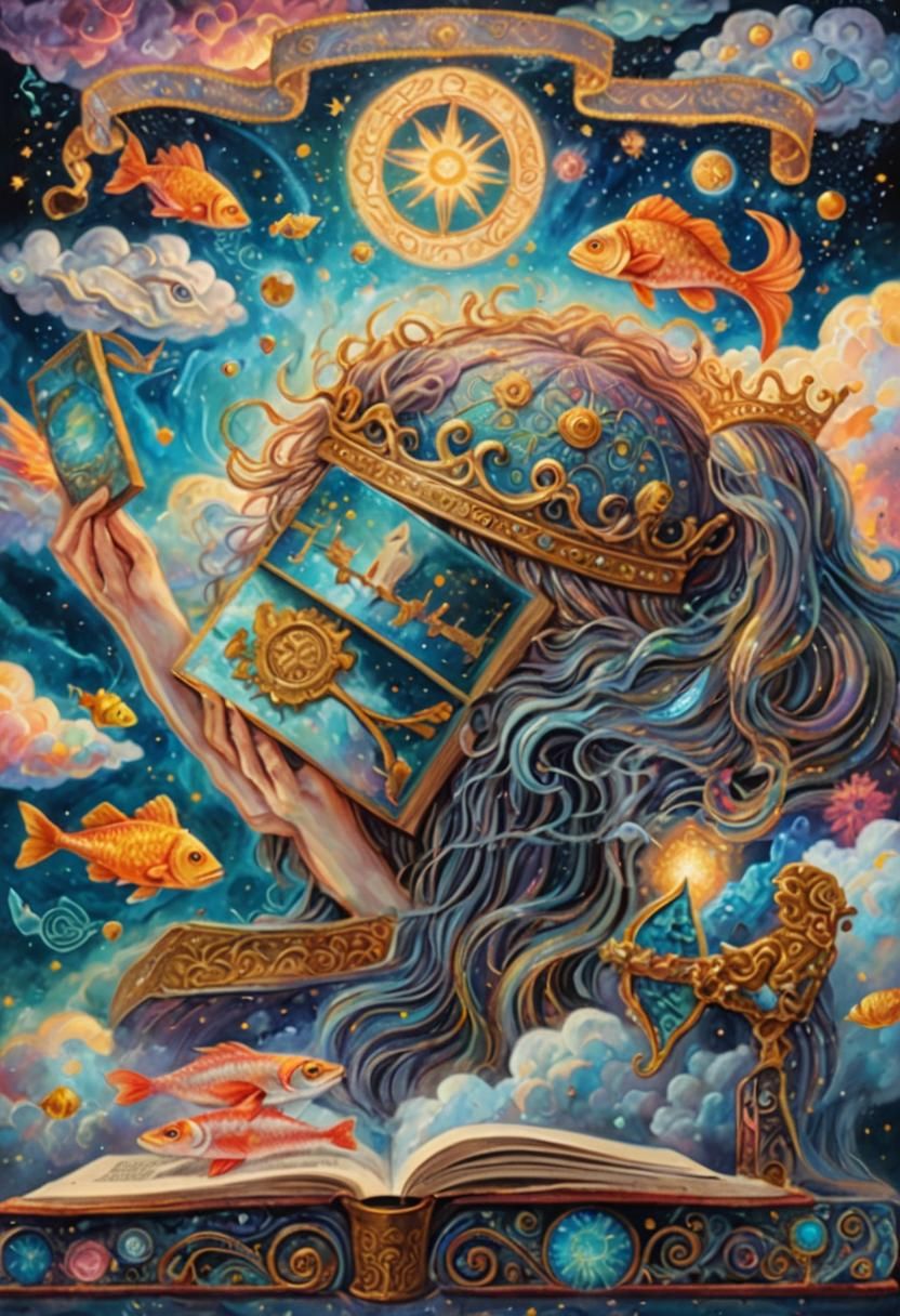 Cosmic Crowned Head Reads in Astral Dreamscape