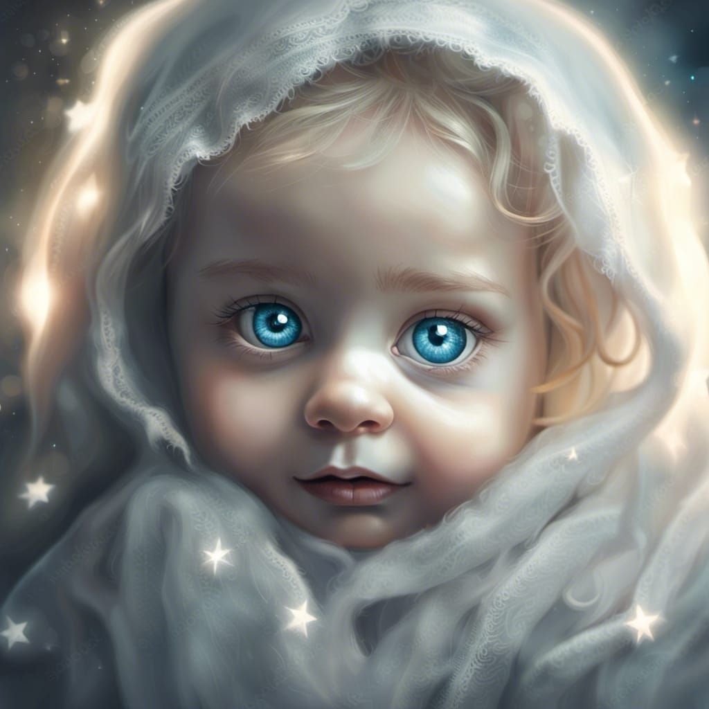 Adorable Ghost Baby Portrait with Big Blue Eyes
