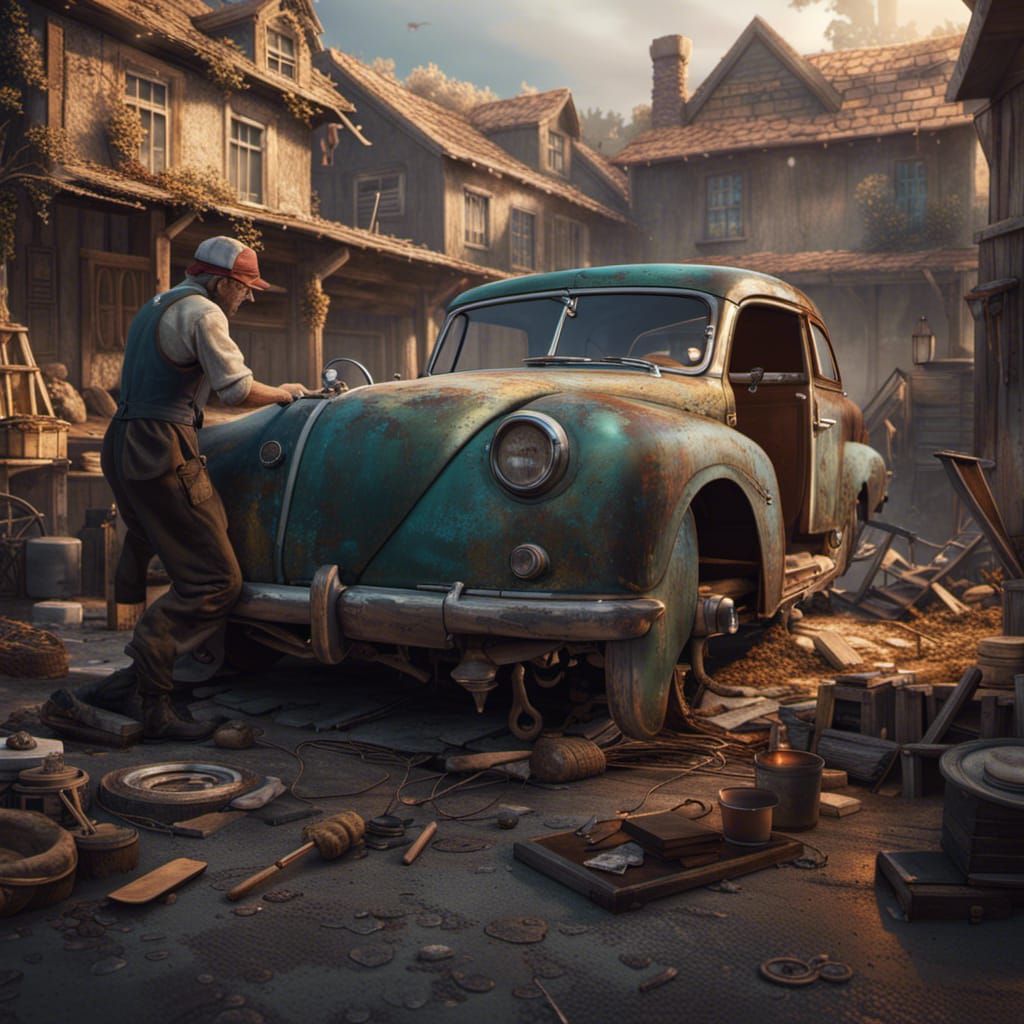 Man Restoring Classic Car: Detailed Matte Painting