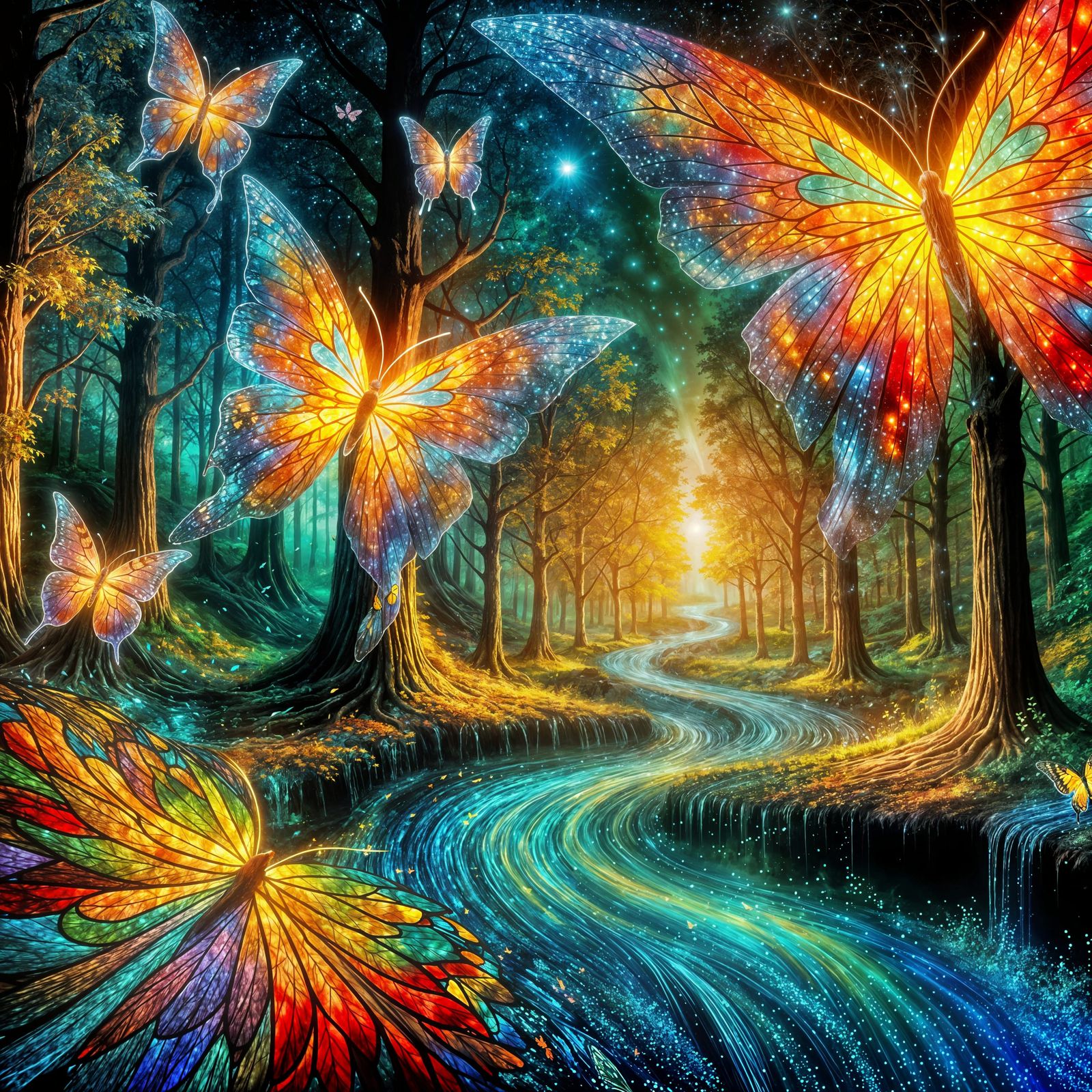 Ethereal Forest River with Stained Glass Butterflies