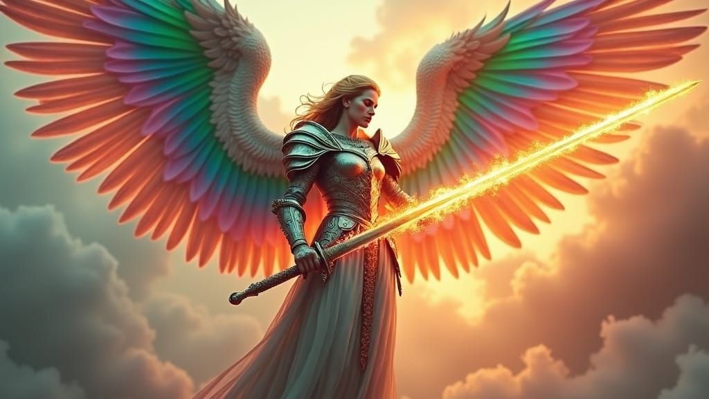 Majestic Archangel with Flaming Sword and Rainbow Wings