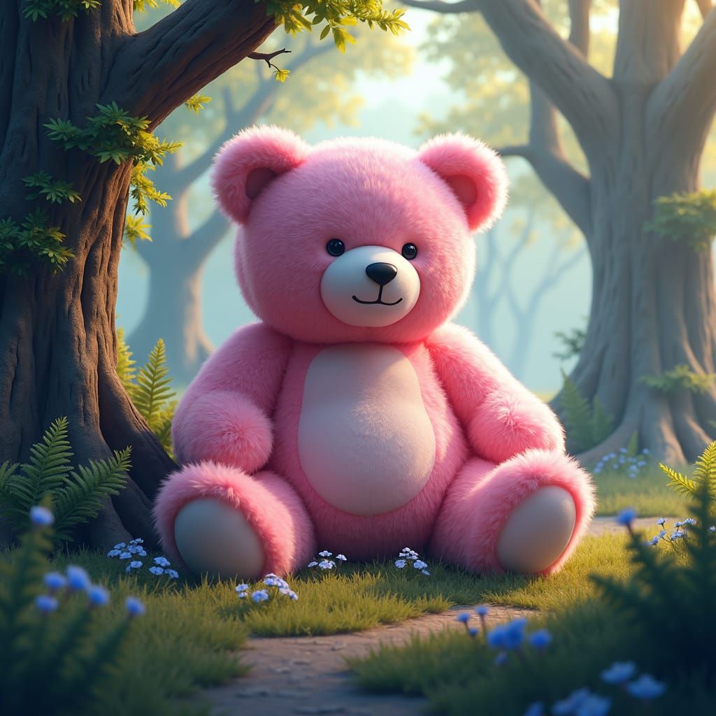 Gigantic Pink Teddy Bear in Enchanted Forest