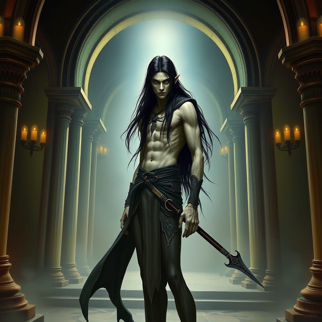 Elven War-Prince in Dark Gothic Chamber