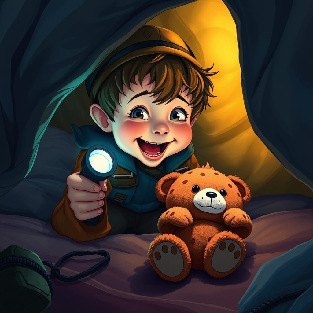 Boy Explorer Discovers Toy in Matte Painting Style