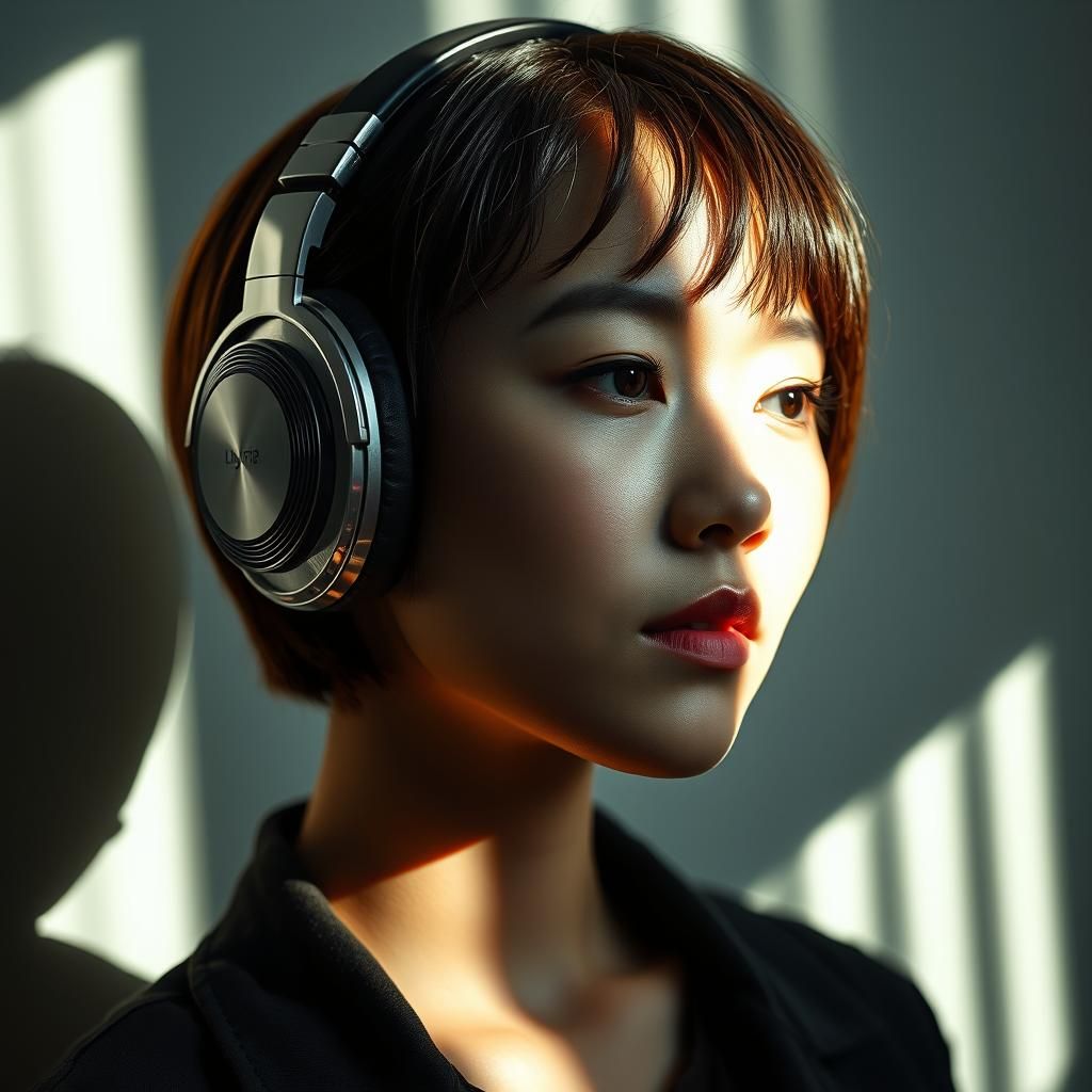 Asian Woman in Shadows: Photorealistic Portrait