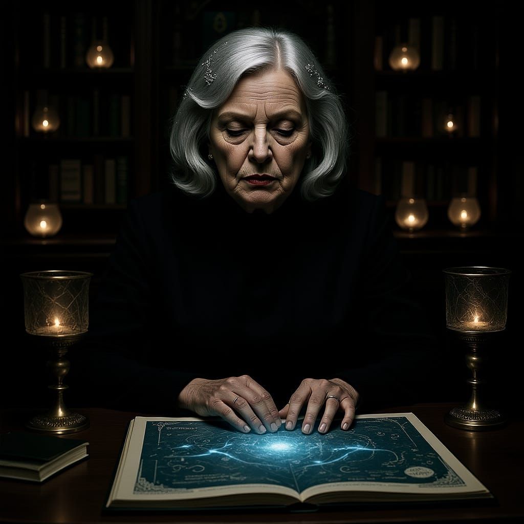 Wise Woman in Library with Holographic Map