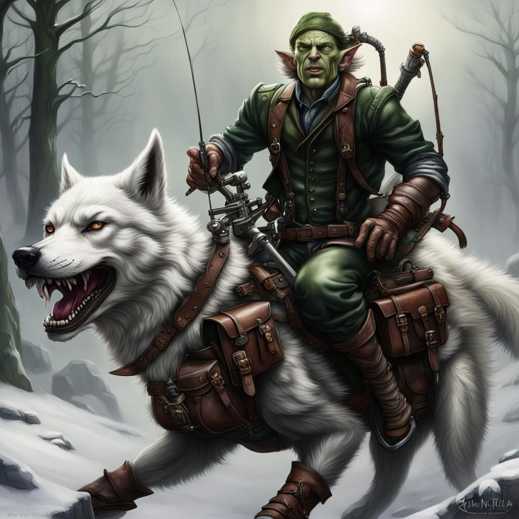 Green Goblin Wolf Rider in Snowy Steampunk Landscape