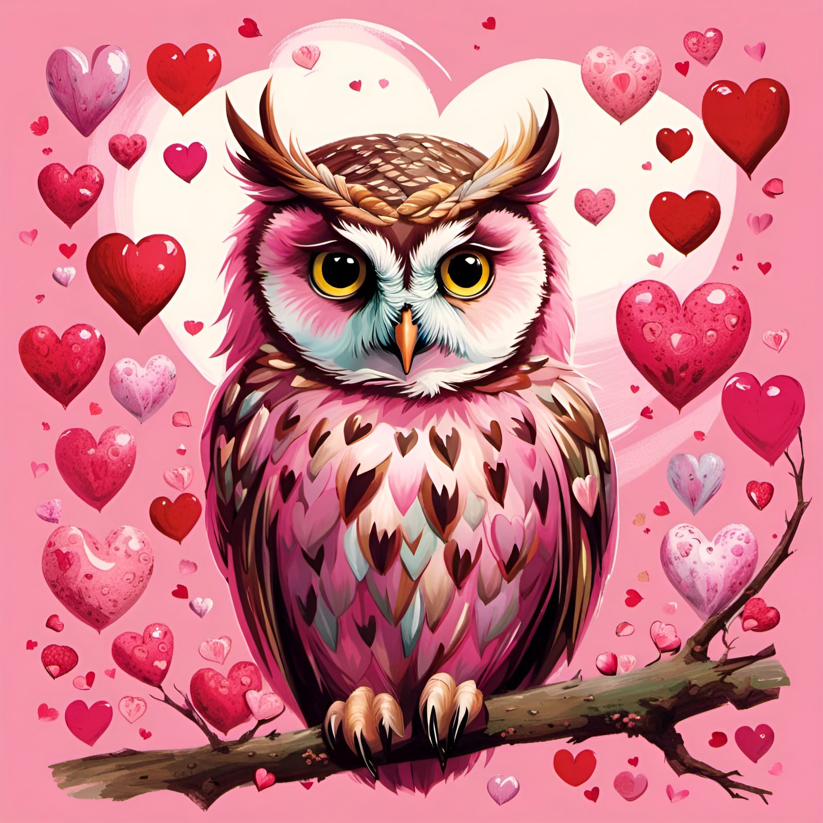Happy Owl Portrait with Hearts, Whimsical Art