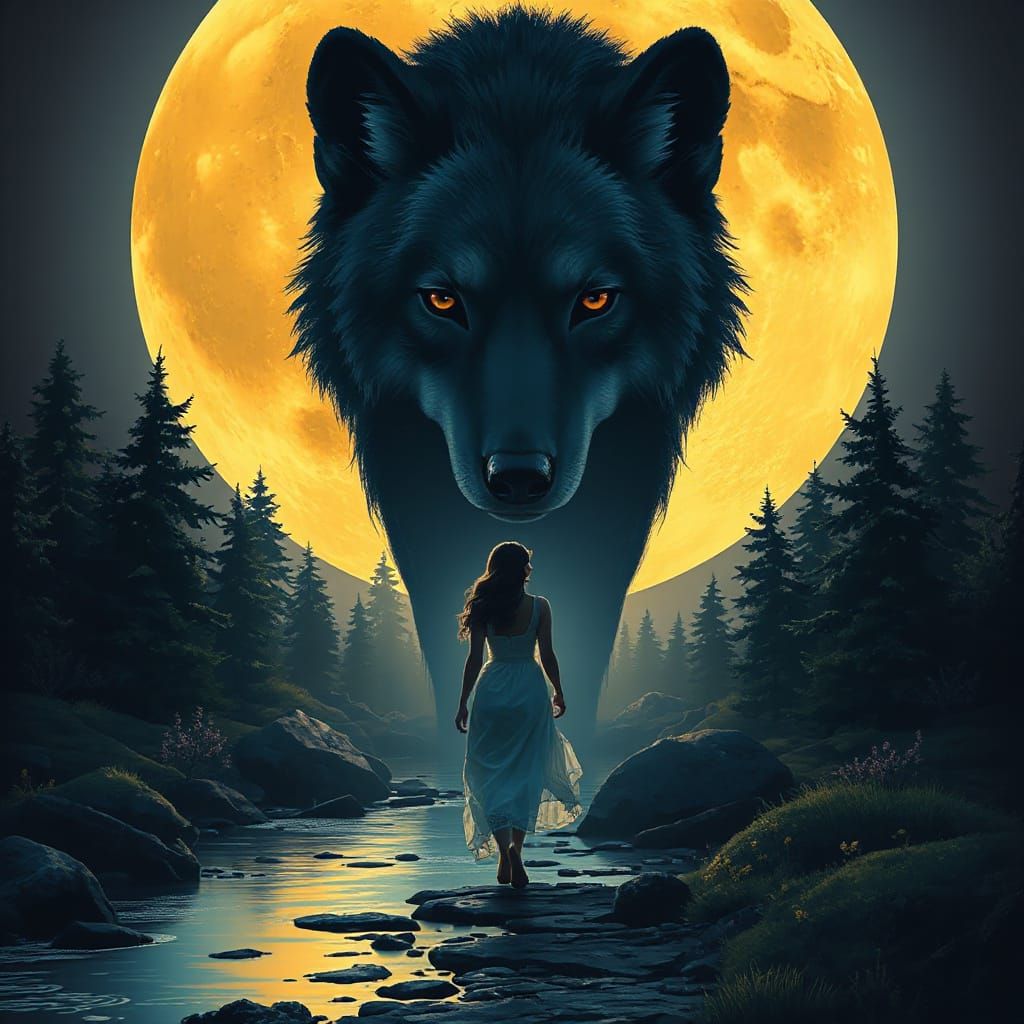 Giant Wolf and Woman Under Full Moon