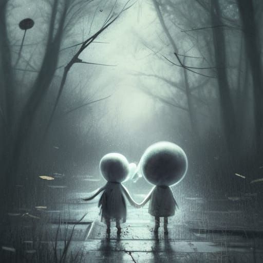 Sinister Ghosts Holding Hands: Digital Illustration
