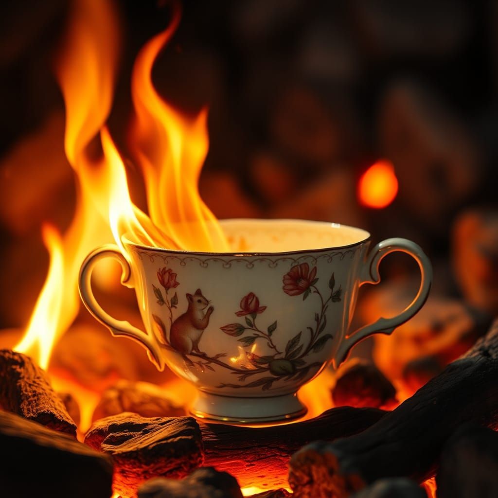 Flaming Teacup: Dreamlike Illustration