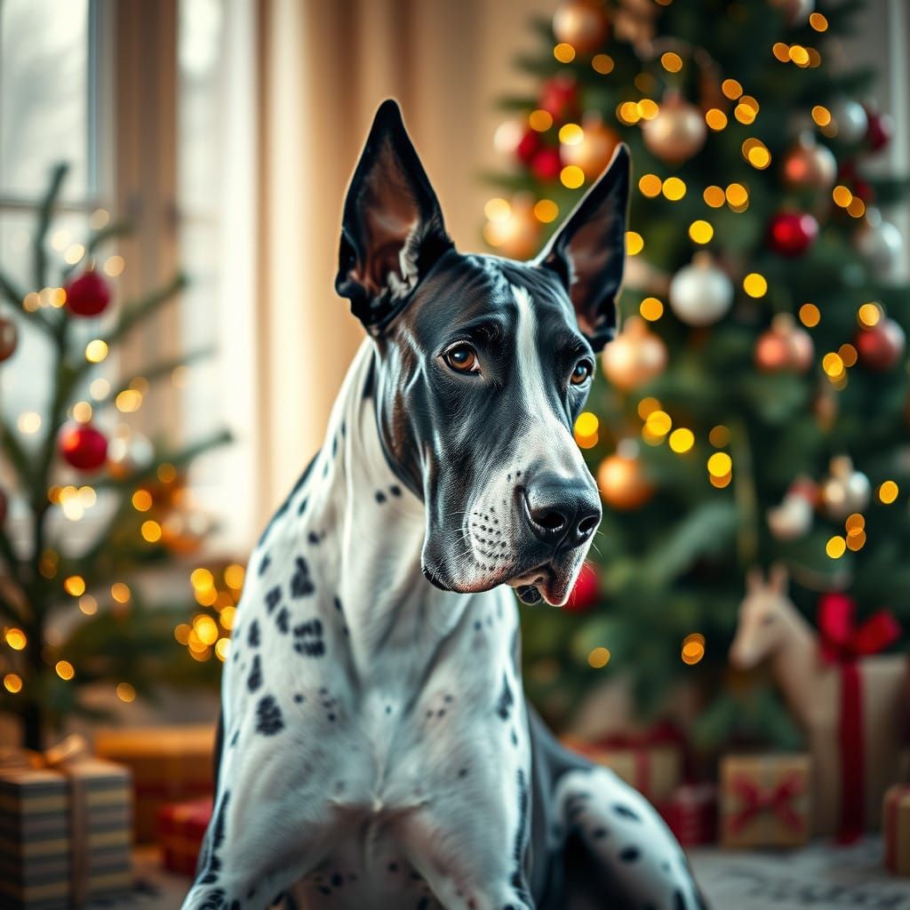 Majestic White and Black Great Dane Surrounded by Christmas...