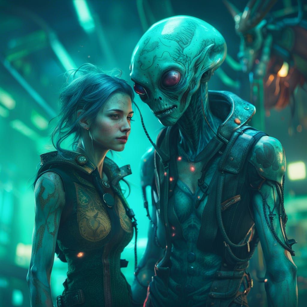 Loving Aliens Portrait in Biopunk Style