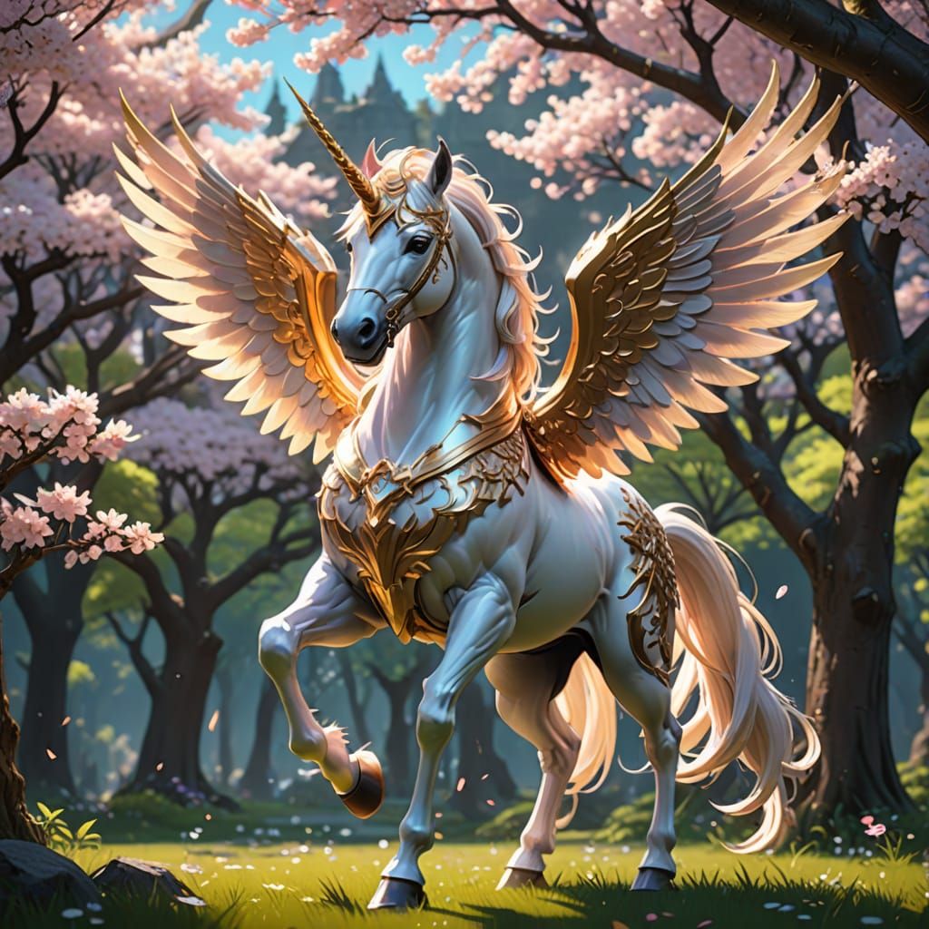 Anime Unicorn-Angel in Cherry Blossom Glade