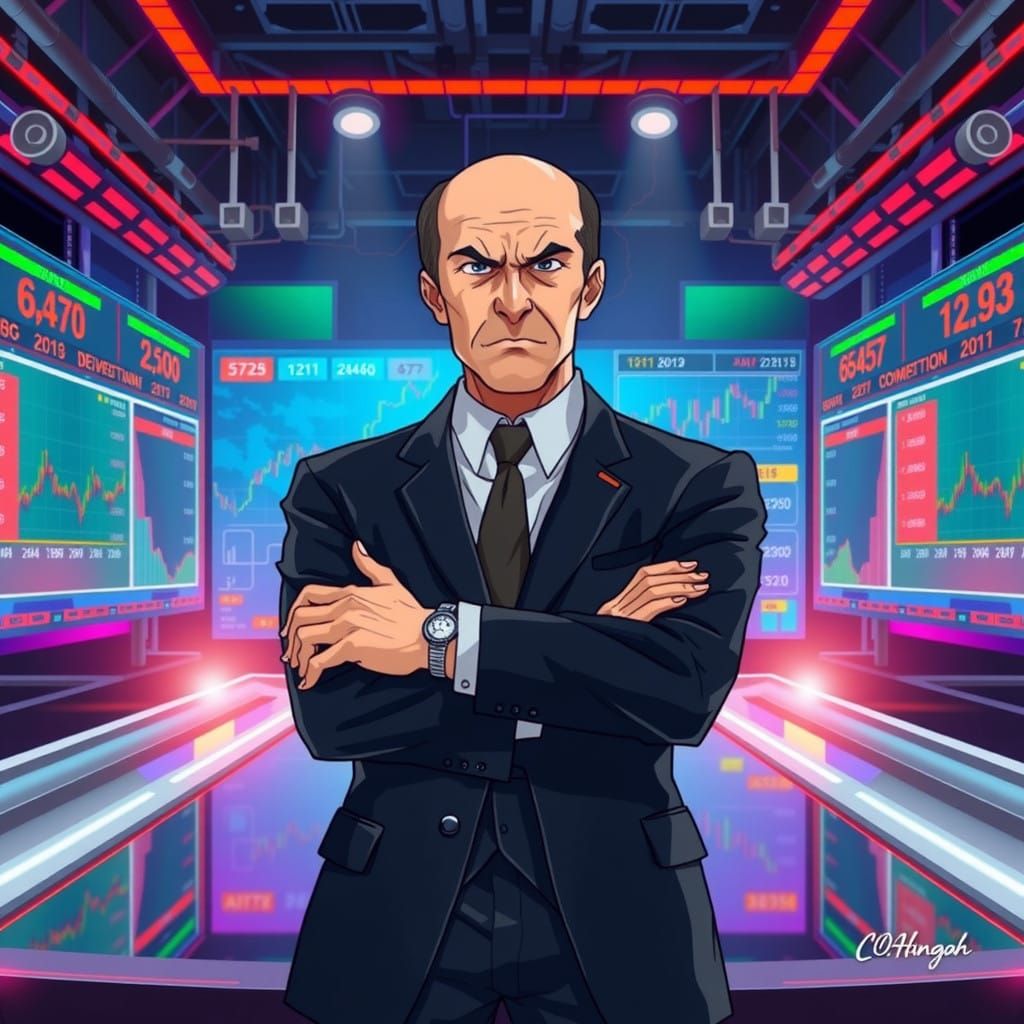 Confident Investor Scowls at Chaotic Stock Market in Vibrant...
