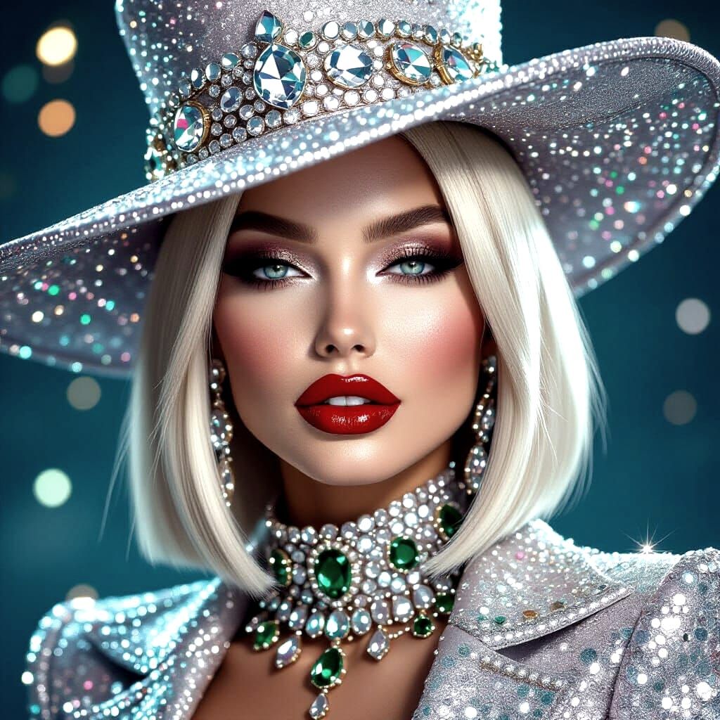 Platinum blonde with a sleek long bob, wearing a crystal-stu...