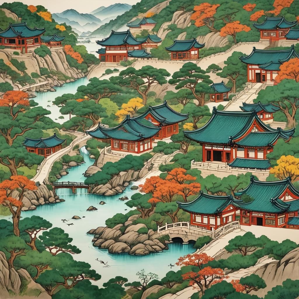 Oriental Ink Drawing in Korean Folk Style