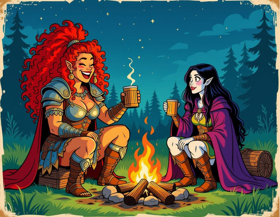Barbarian and Wizard at Campfire, Retro Cartoon Style