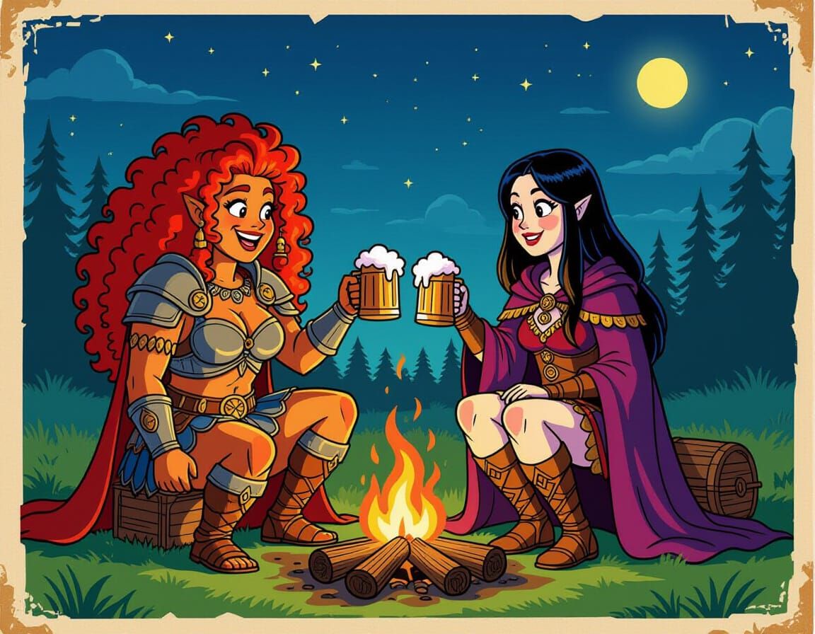 Barbarian and Mage Toasting at Campfire, Retro Cartoon