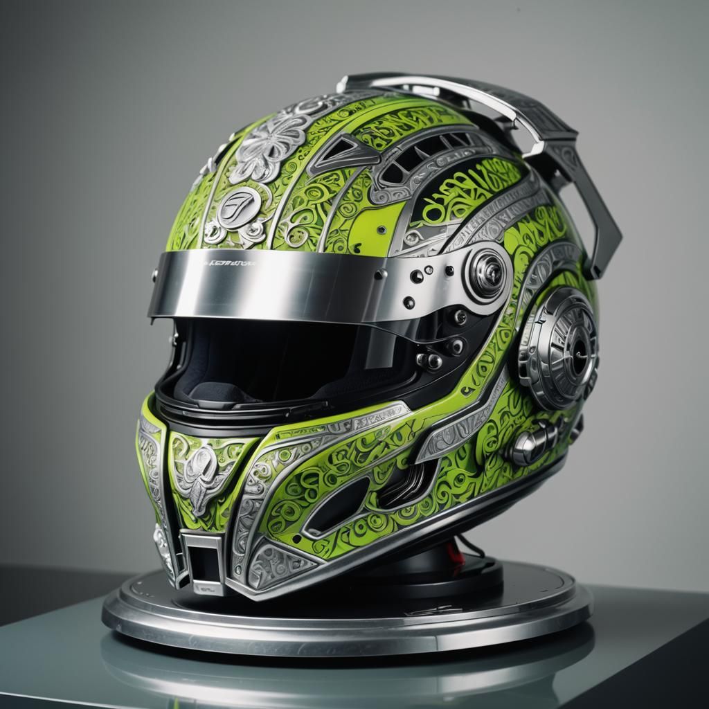 Ornate F1 Helmet in Neon Green and White