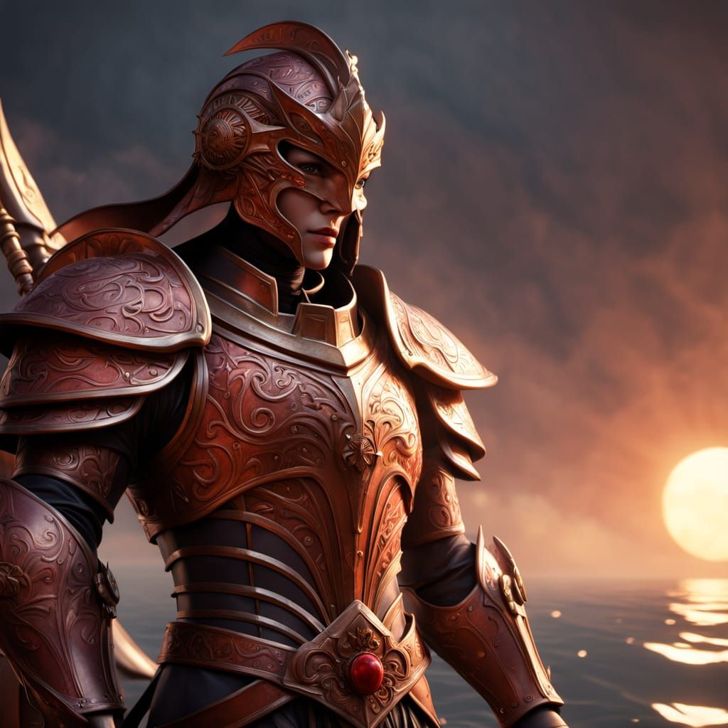 Dark Fantasy Warrior Sails on Medieval Ship in Fiery Red Arm...