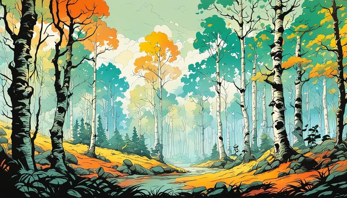 Colorful Jungle Birch Forest in Frazetta Style