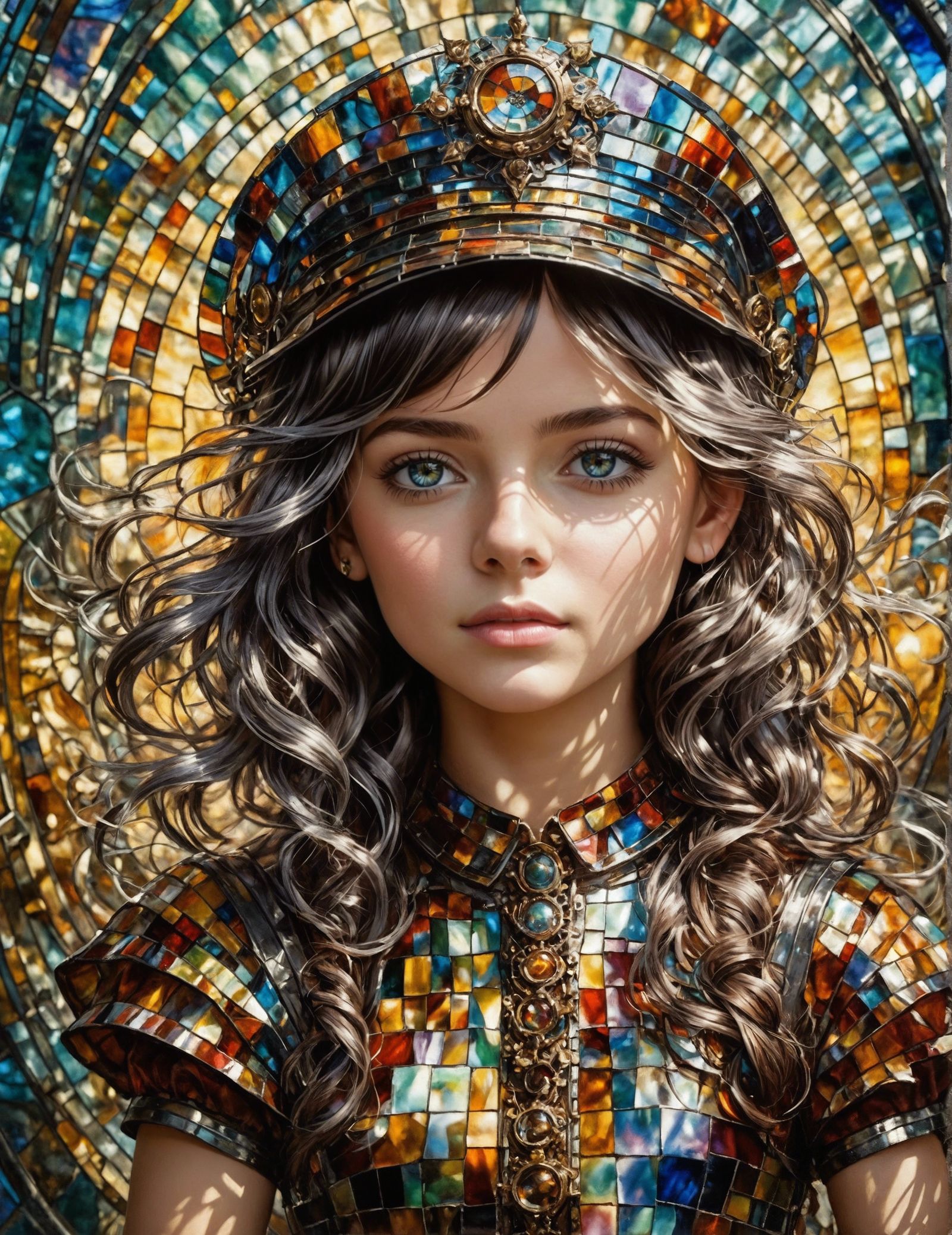 Stained Glass Girl: Hyperrealistic Mosaic Oil Painting