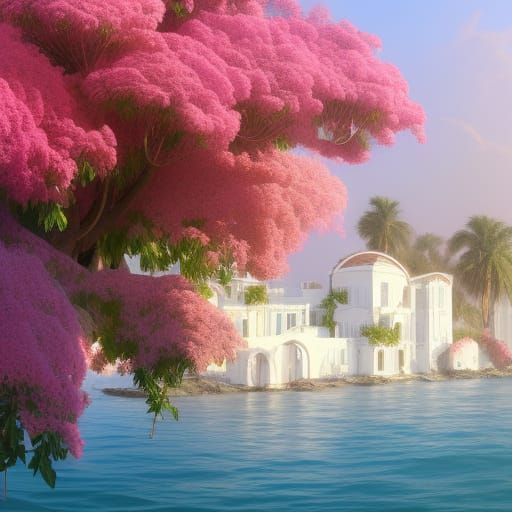 Greek Island Shore with Bougainvillea in Hyperdetailed Style