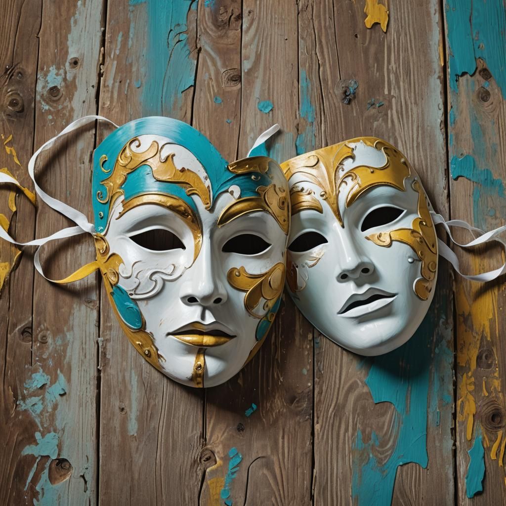 Dramatic Masks in Surrealist Oil Painting Style
