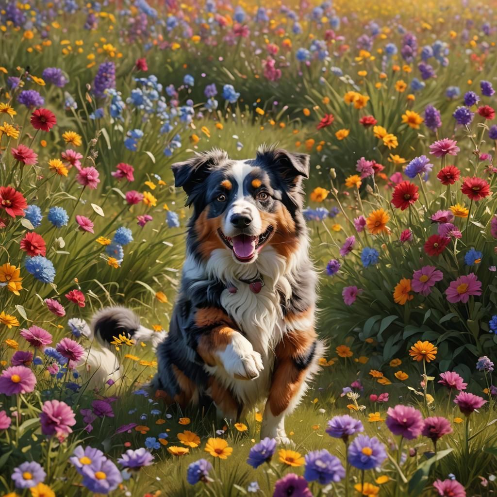 Fluffy Australian Shepherd in a Colorful Flower Field