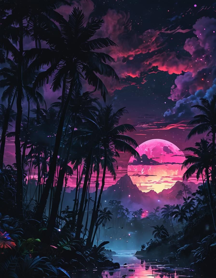 Rainforest Sunset with Vaporwave Ink Sky
