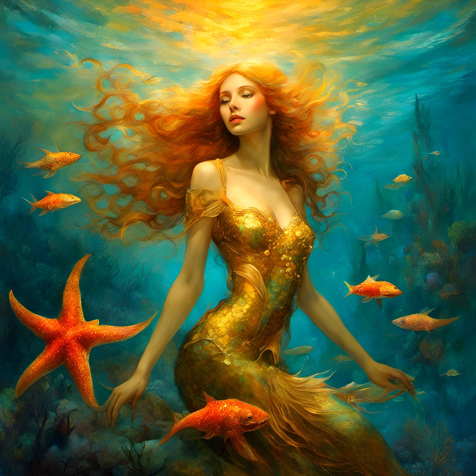 Mermaid in Cerulean Sea with Glowing Coral