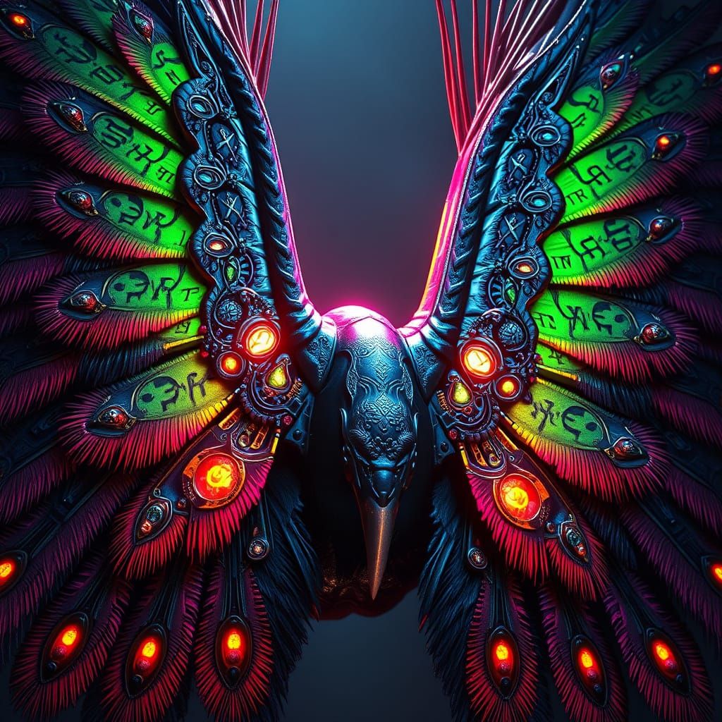 Shining Peacock Wings with Runes in Sci-Fi Style