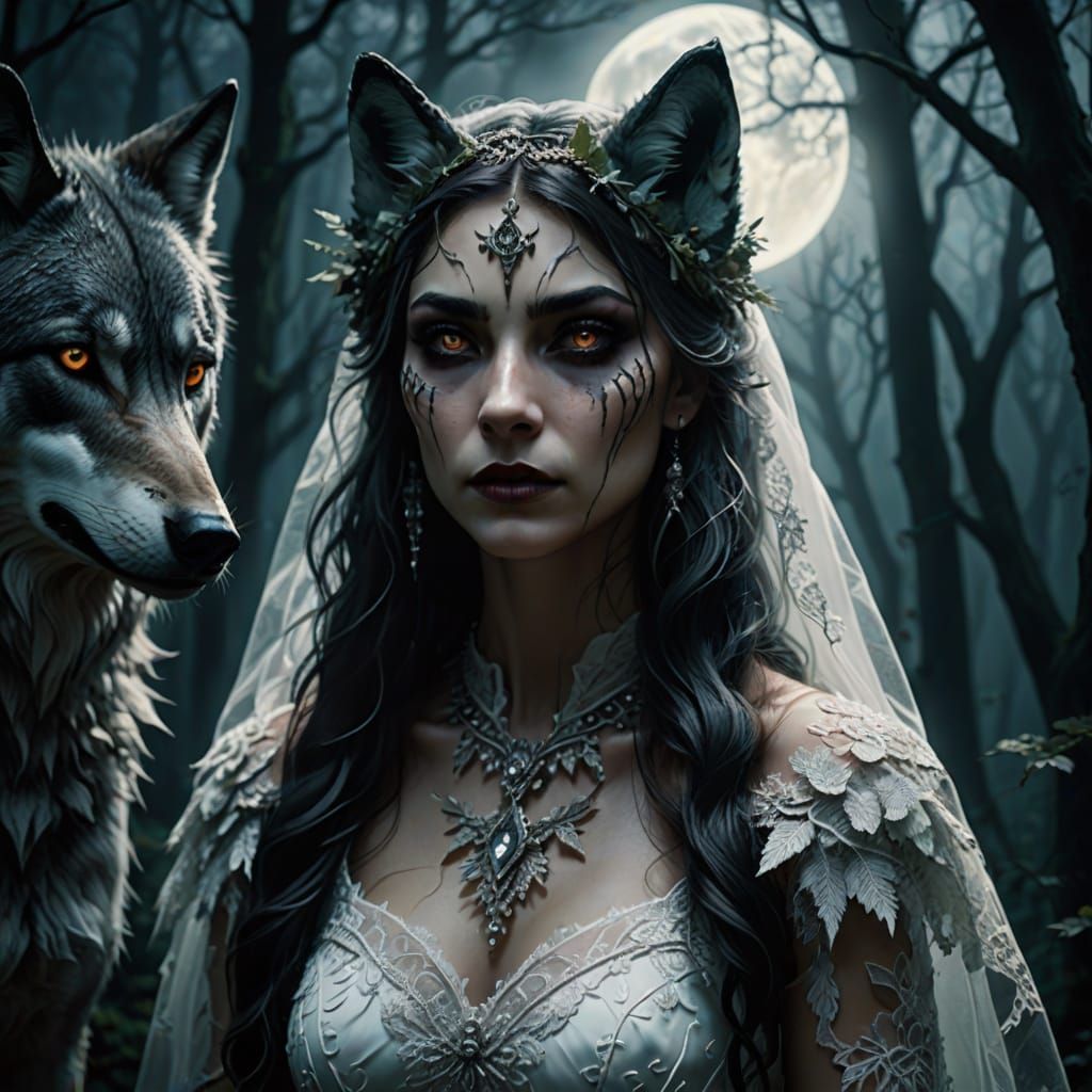 Wolf Bride in Mystical Moonlit Forest