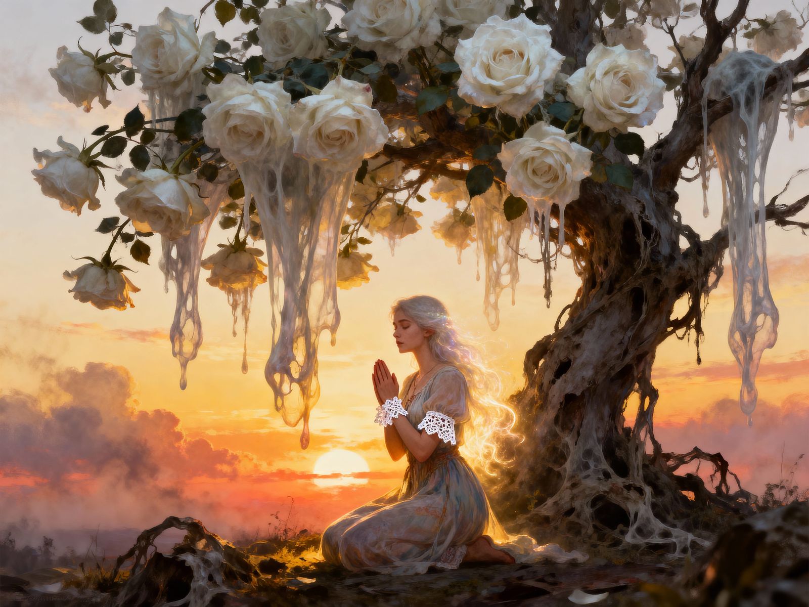 Ethereal Woman Praying Under Ghostly Roses at Sunset